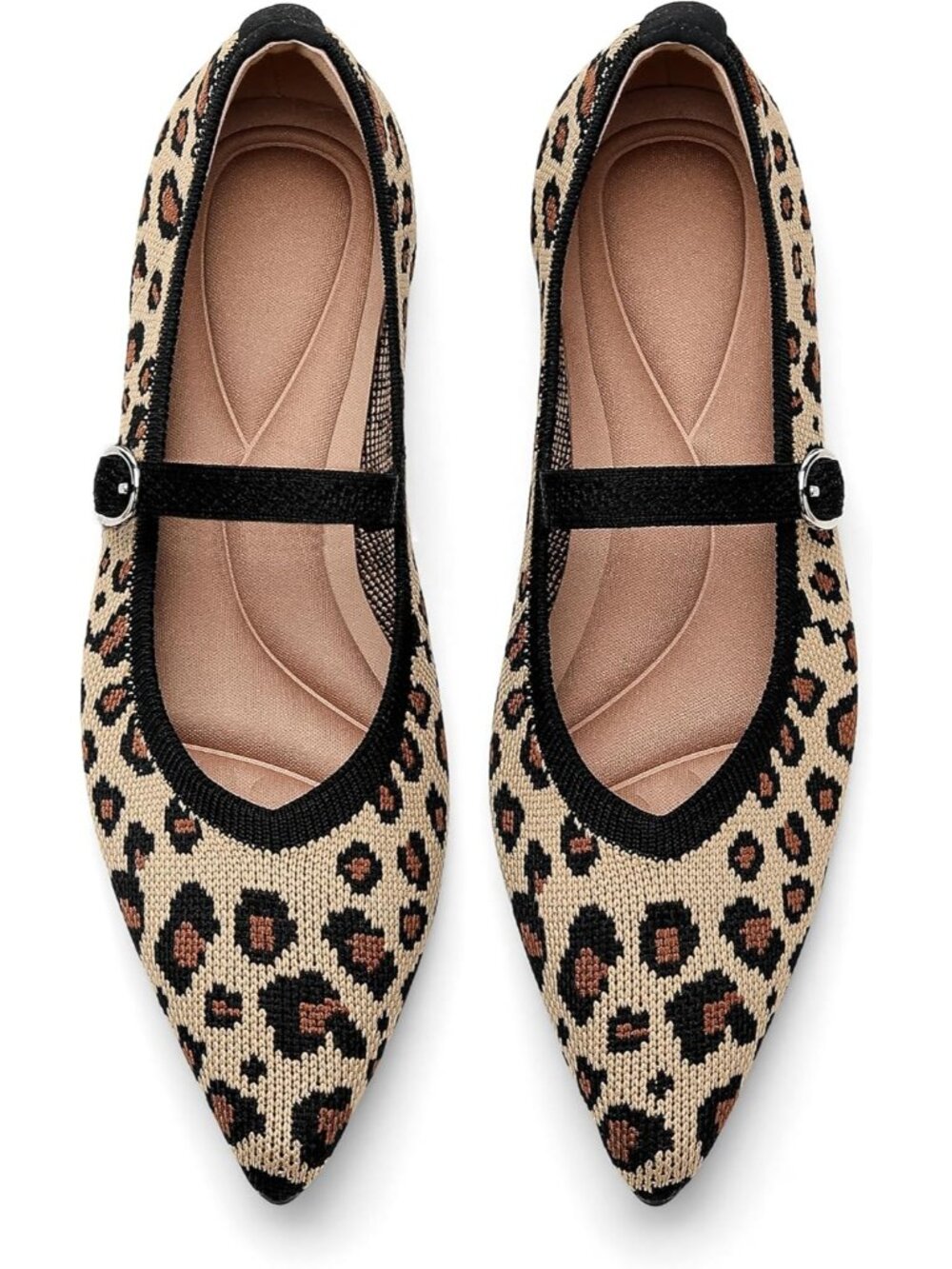 Women's Leopard Knit Flats Pointed Tip Casual Ballet Flat Shoes with Ankle Strap